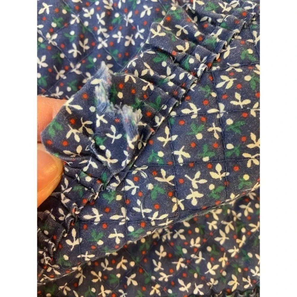 Vintage Navy Blue Calico Floral Quilted Ruffle Oval Placemats Set of 3 Cottage